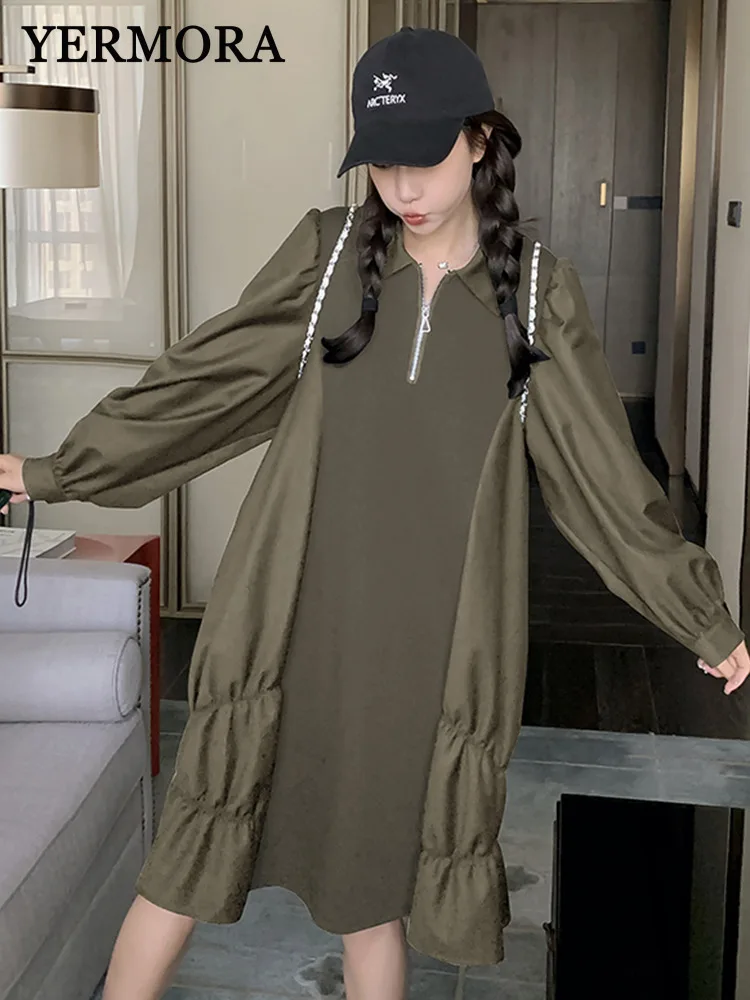 

YERMORA Women Color-block Zipper Pleated Casual Dress Lapel Long Sleeve Loose Fit Fashion Tide Spring Summer 2025 New A711