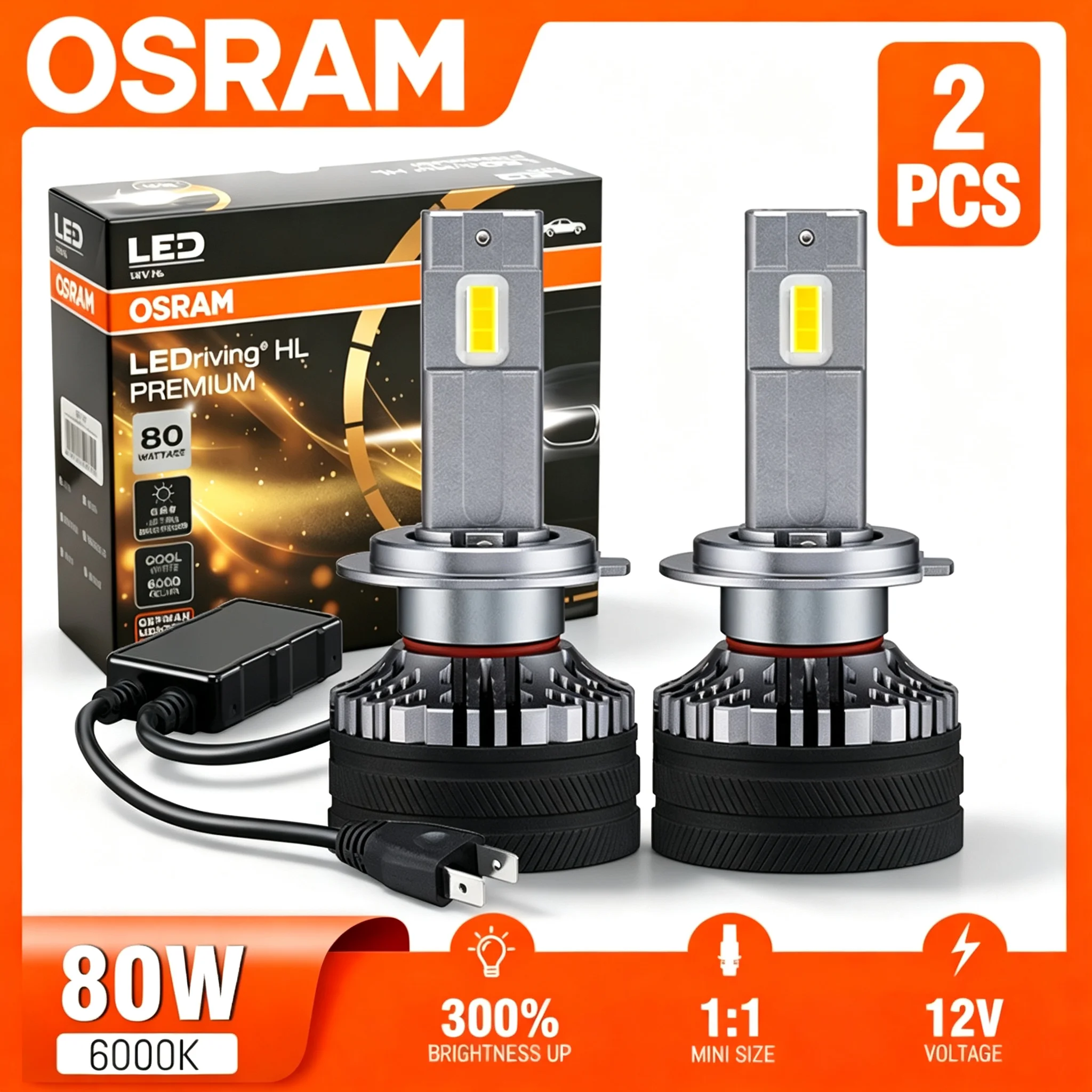 OSRAM LED H4 H7 H11 Car Headlight Bulb HB3 HB4 H8 9005 9006 9012 80W Power 12V High Low Beam 6000K White Upgrade Lamps Fog Light