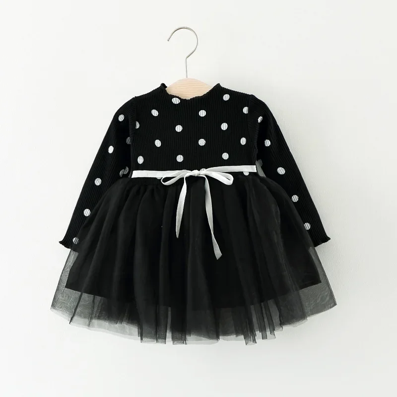 Vestido de manga larga para niñas, ropa de otoño y primavera, tutú de lunares, vestido de encaje para bebés