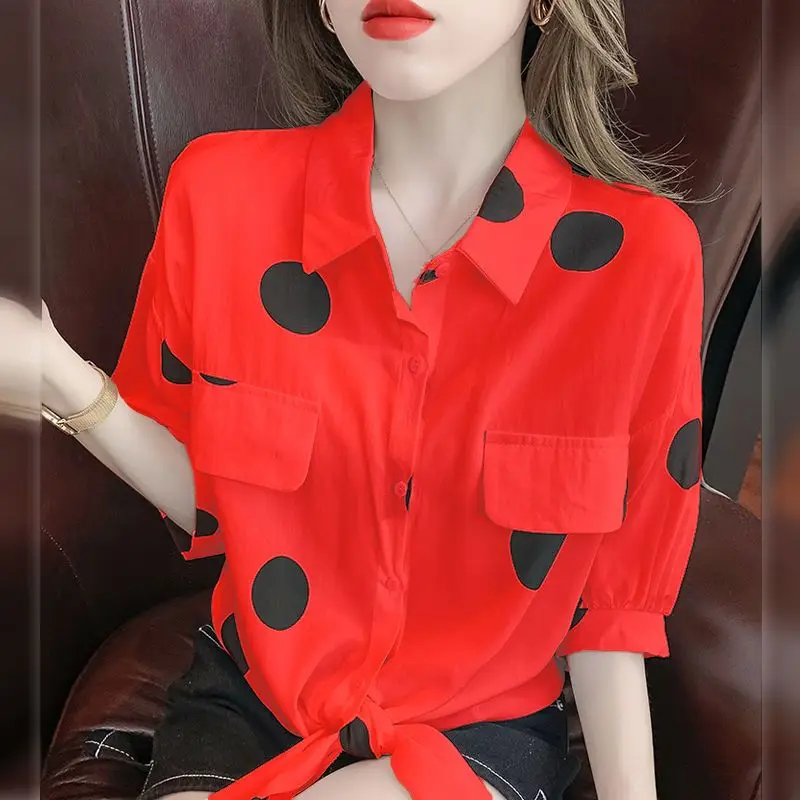 Women Summer Korean Simplicity Loose Lacing Polka Dot Polo-Neck Short Sleeve Shirts Women Clothes Casual All-match Trend Tops