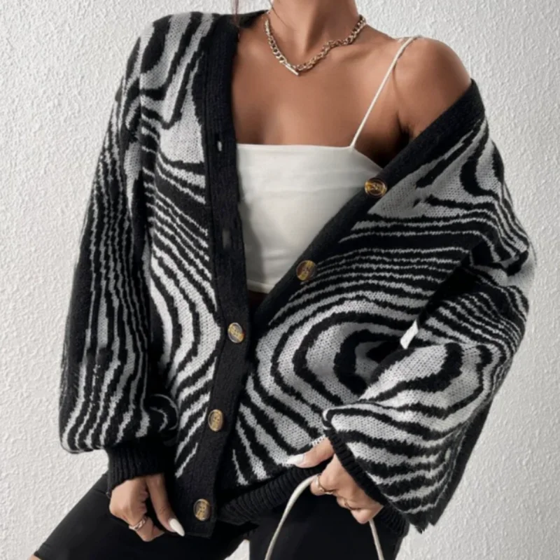 الخريف والشتاء زيبرا المشارب المألوف فضفاض الكتف قطرة شخصية سترة الخامس الرقبة أعلى الملابس النسائية