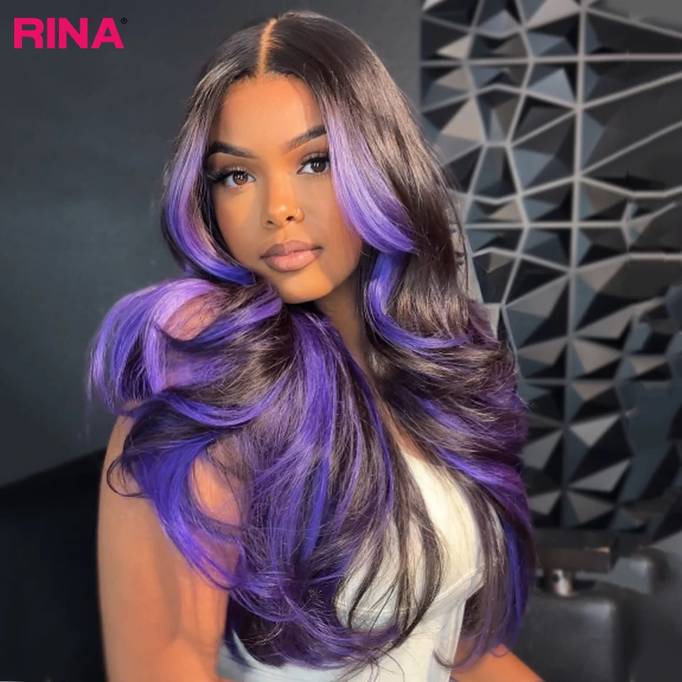 

Black With Purple Human Hair Wig Body Wave 13X4 13X6 Lace Frontal Wigs For Women Ombre Purple 5X5 Lace Closure Wigs Preplucked