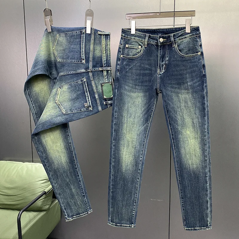 الربيع والخريف موضة جديدة بلون مستقيم الساق جينز سترتش الرجال عادية سليم مريح تنفس الدينيم السراويل #2