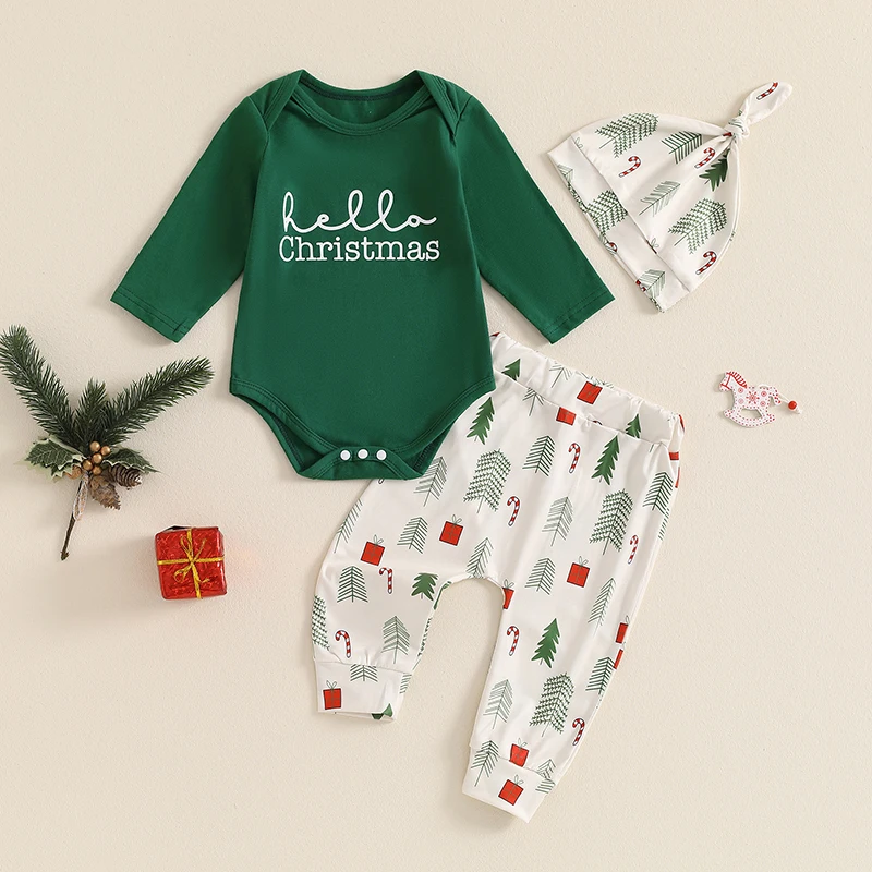 

VISgogo 0-12 Months Baby Christmas Outfit Letter Print Long Sleeve Romper with Gift Box Pattern Pants and Hat 3 Pcs Set