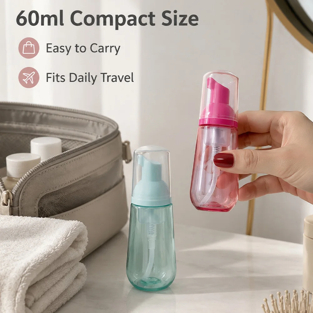 2-Pack 60ml Portable Foaming Bottles, Press-Type Foam Dispensing Empty Bottles, Transparent Plastic Mousse Bottles, Foaming Dispenser for Facial Cleanser, Facial Wash, Hand Soap, Blue and Pink Dual-Color Travel Dispensing Bottles, Mini Portable Foam Dispensing Bottles