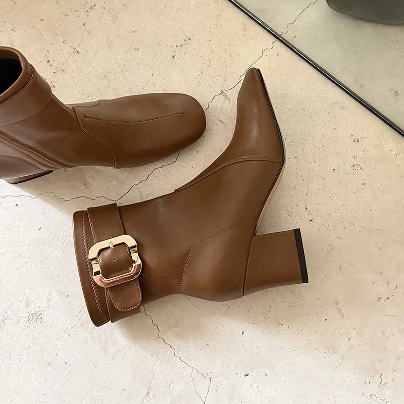 MKKHOU Fashion Short Boots Women's New High Quality Leather Boots Round Head Belt Buckle High Heel Boots Commuter Women's Boots