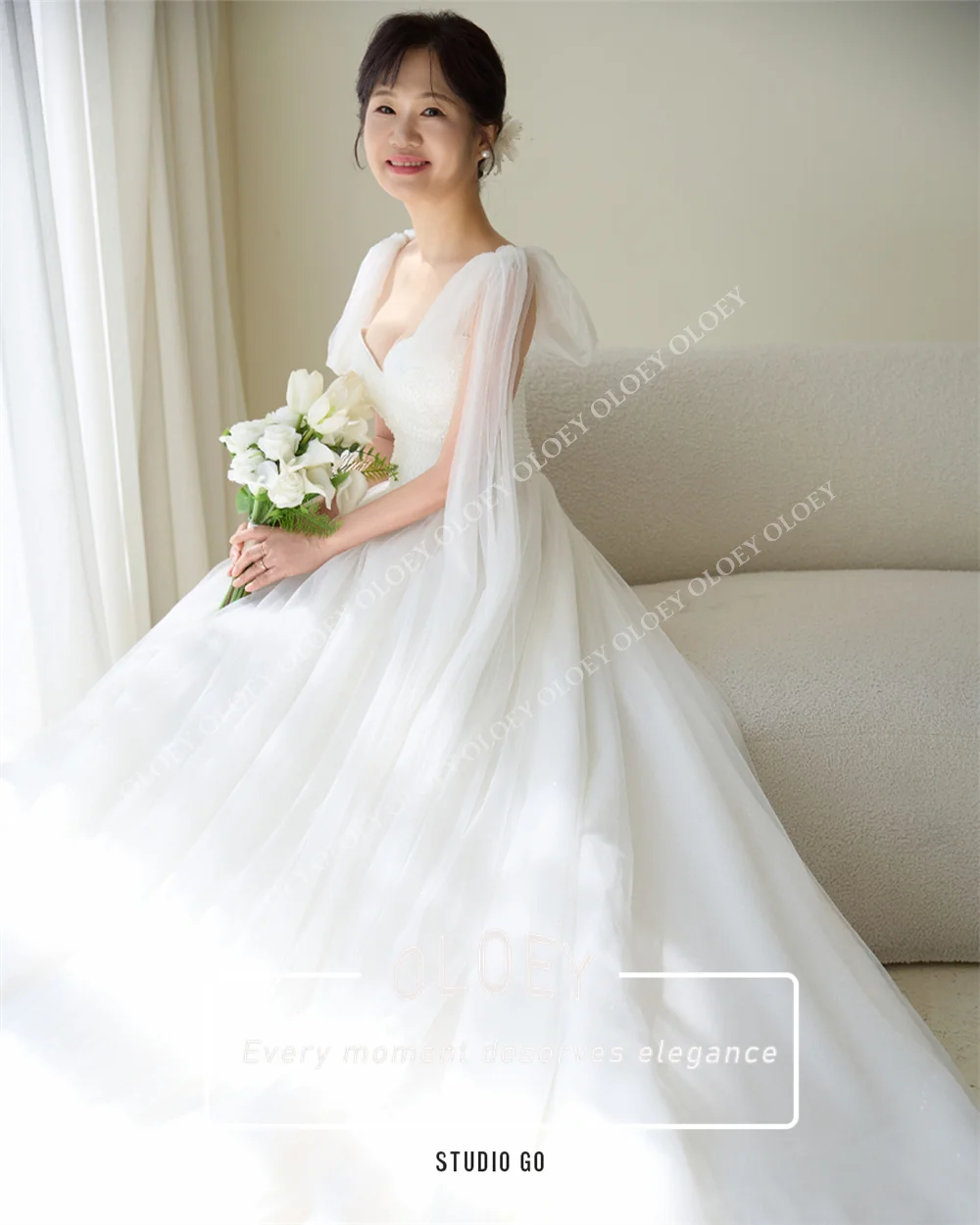 OLOEY Elegant Sweetheart Neck A Line Wedding Dress Flowy Tulle Beaded Korea Photo Shoot Bridal Gown Lace-up Customized