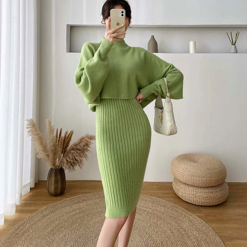 

Vestidos Piece Set Female Sweater Dress Autumn Winter High Waist Knitted Ensemble Femme Medium Long Party Dresses Elegant Slim