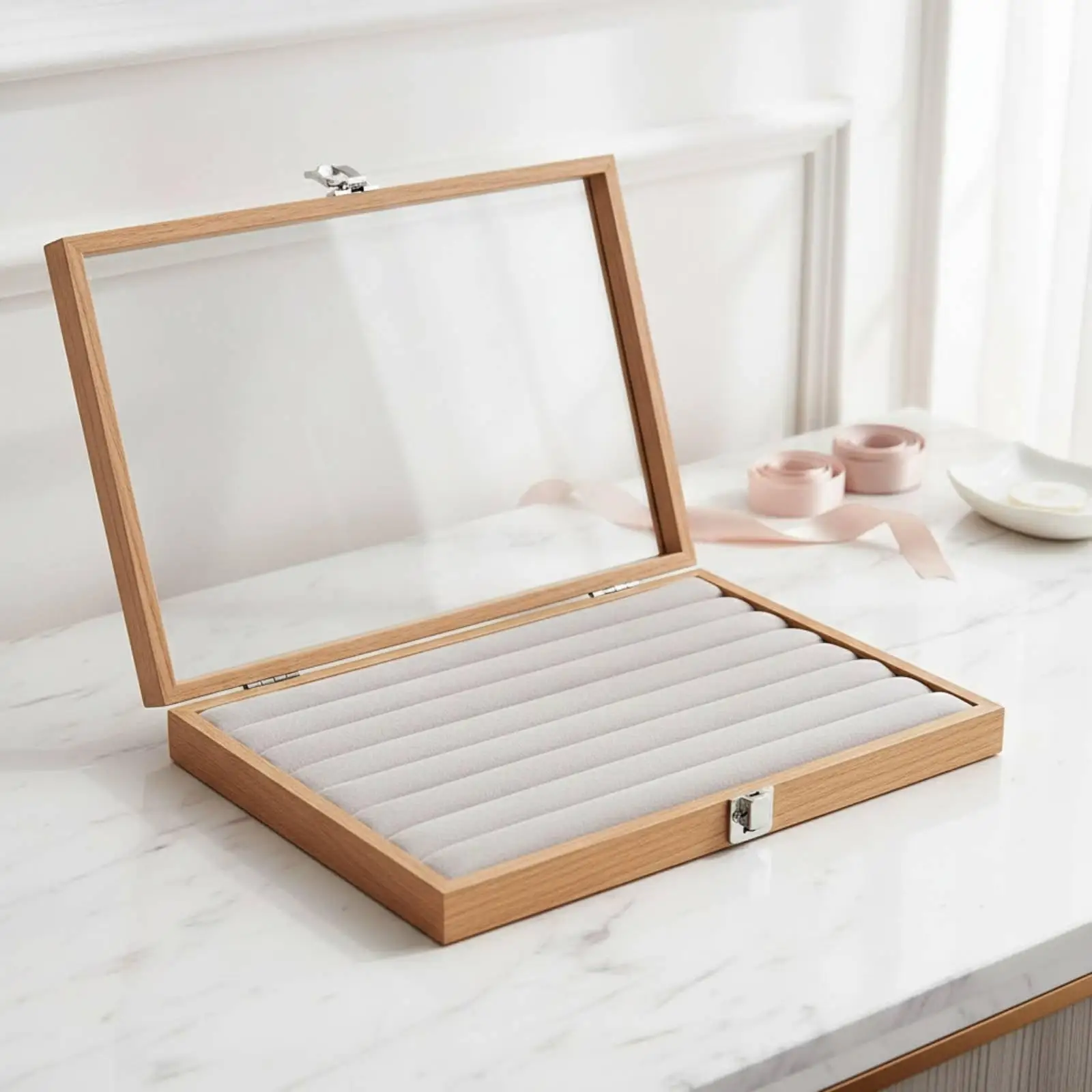 Stackable Jewelry Storage Box Wood Grain Finish Clear Lid Organizer for Earrings Necklaces Rings Bracelets Home