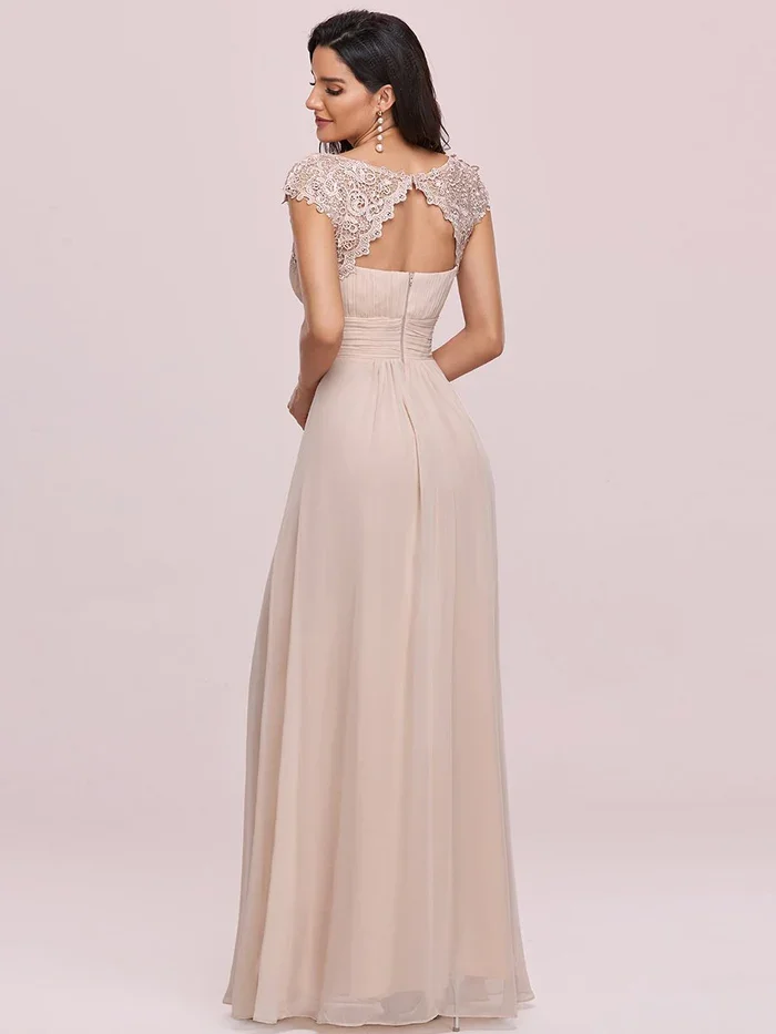 Ever Pretty 2024 Elegant Floor-Length Chiffon Evening Gown With Pleats And Short Lace Sleeves