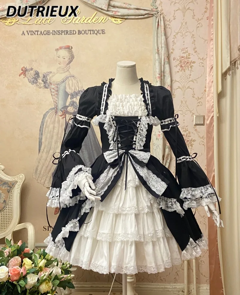 

Japanese Lolita Sweet Girls Black and White Dress Summer New Op Short Sleeve Lace-up Bow Waist Dress with Oversleeves