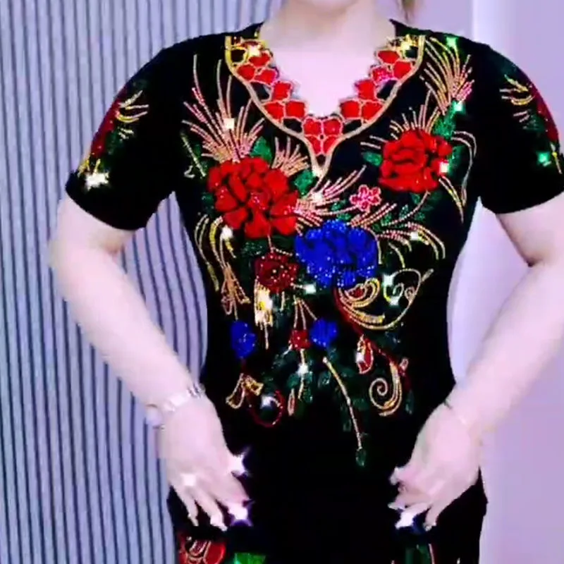 

Embroidery Floral T Shirt 2025 Summer Beading Clothes For Women Tees Top Short Sleeve T-shirts for Women