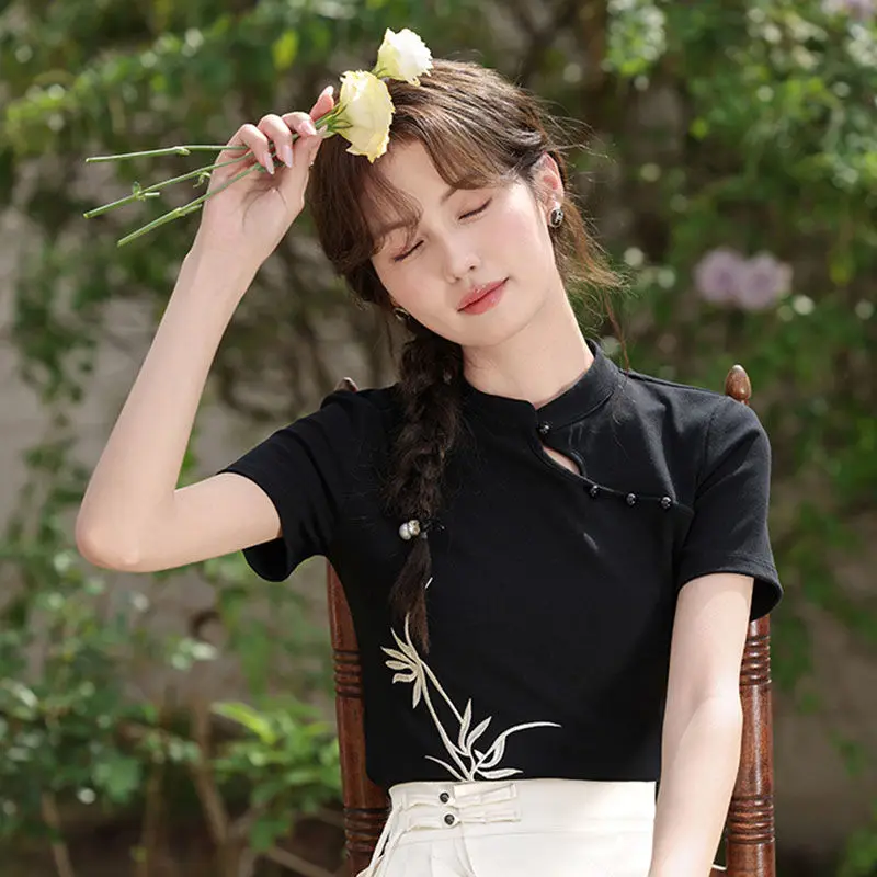 เสื้อยืดคอจีนผ้าฝ้ายแท้สำหรับผู้หญิง ดีไซน์ใหม่สไตล์จีน ทรงเข้ารูป ใส่ได้หลากหลาย ดีไซน์แบบดั้งเดิม