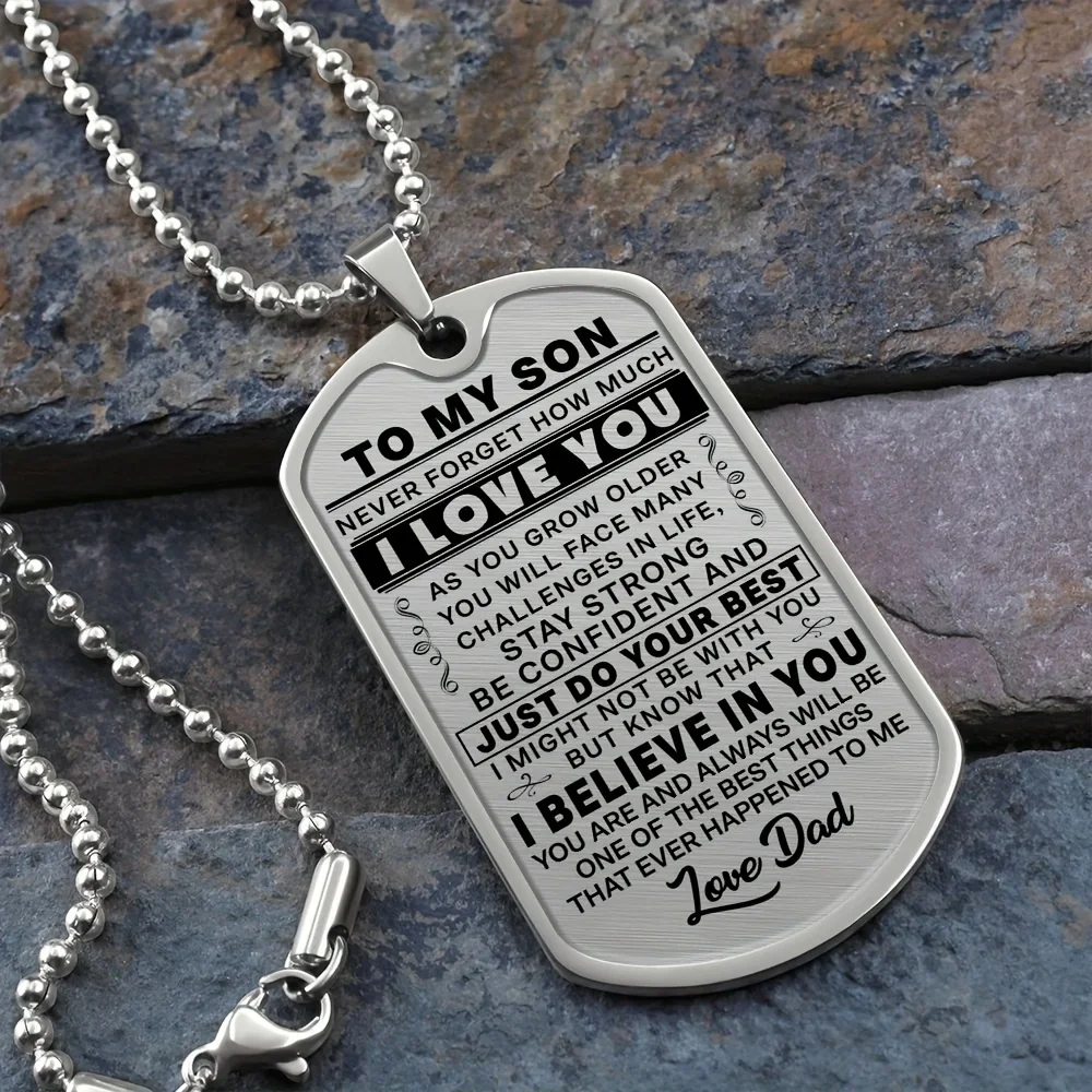 Text Print Dog Tag Stainless Steel Pendant Necklace, Anniversary, Graduation, Party, Birthday Gift From Dad To Son