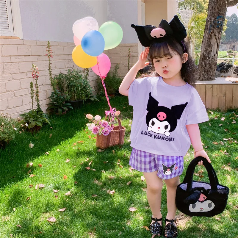 Sanrios Hellokittys Kuromi Cinnamoroll My Melody Summer Baby Short-Sleeved Set Girls T-Shirt 2Pcs Suit Top Soft Denim Shorts New