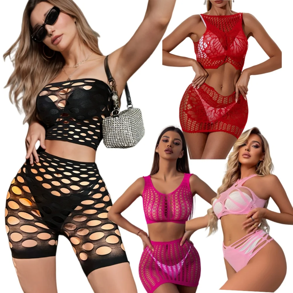 Multi Styles Hollow Fishnet 2 Piece Outfit Women Sleeveless Crop Top Mini Skirt Set Sheer Mesh Beach Cover Up Club Party Layerin