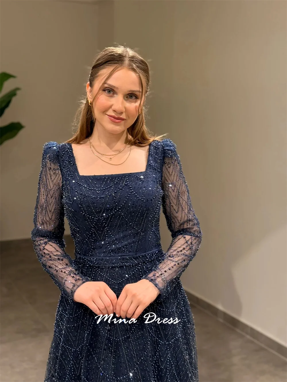 فساتين نسائية أنيقة من خرز مينا مخصص للمناسبات الخاصة بياقة مربعة ترتر فستان سهرة عربي فستان حفلات فاخر #5