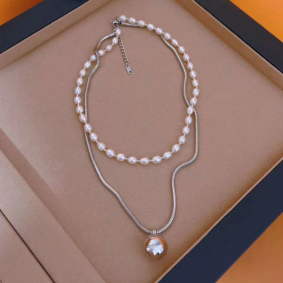 

Fashion Snake Bone Chain Pearl Necklace Double Necklace 6-7MM High Quality Freshwater Rice Beads Freshwater Pearl Necklace