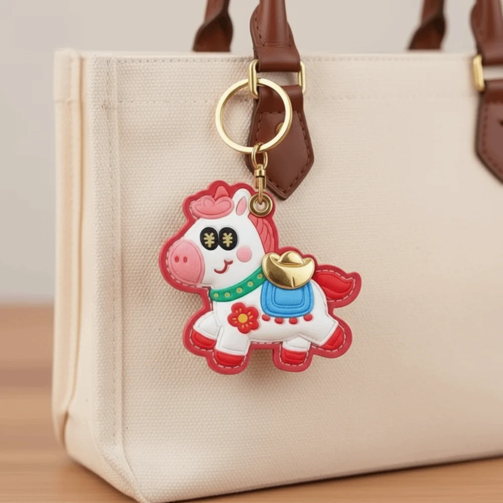 Cartoon Horse Keychain Access Control Card Holder Year of Horse Horse Pendant Leather Horse Ornament Chinese New Year Gift