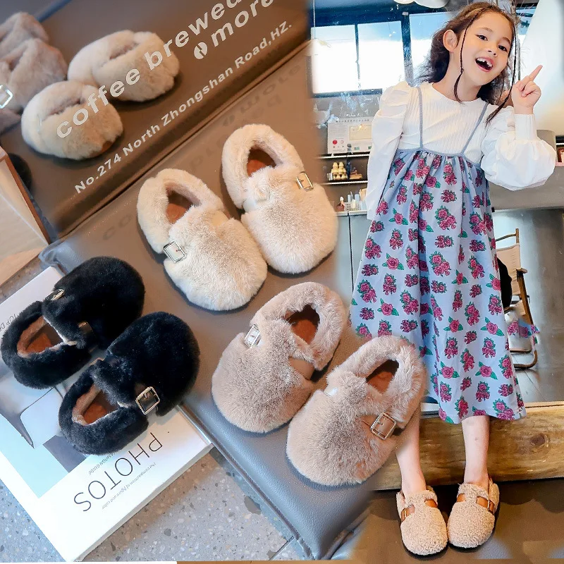 Cotton Shoes for Children and Girls 2024 New Solid Color Outside To Wear Small and Large Children Woolen Shoes