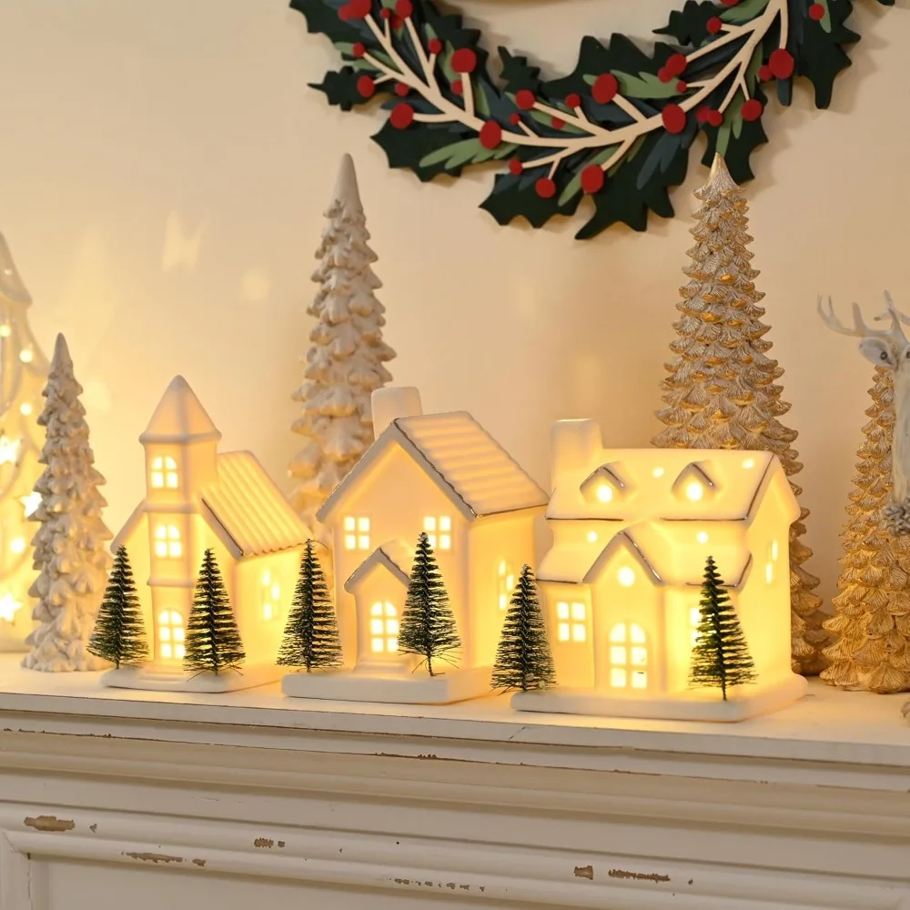 

Ceramic White Christmas Village House, 3 Glowing Small Ceramic Village Houses, 6 Christmas Trees, LED Desktop House Statues