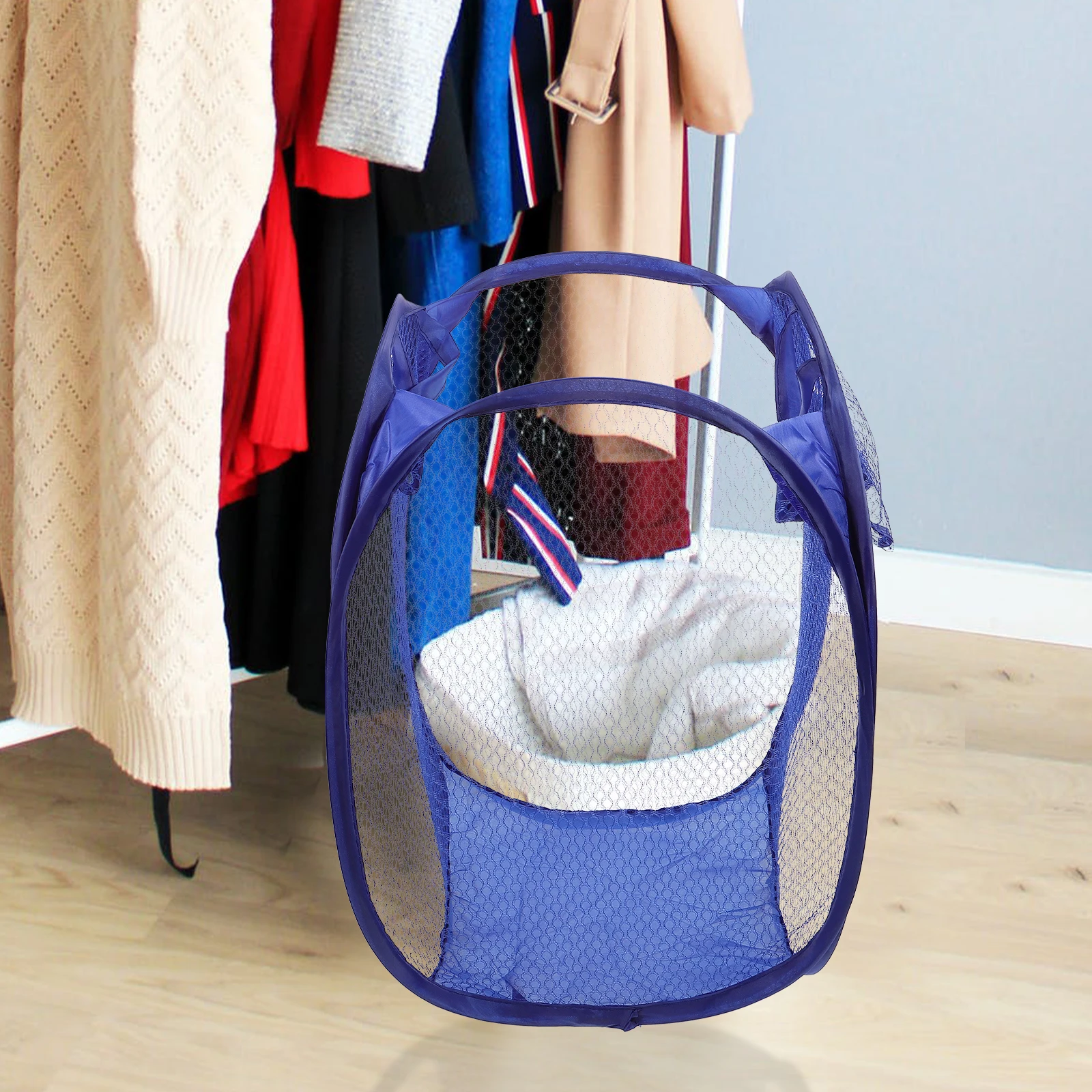 

Foldable Pop Up Laundry Hamper Mesh Design Breathable for Wet Clothes Dorm Apartment Travel Use Blue Laundry Hamper