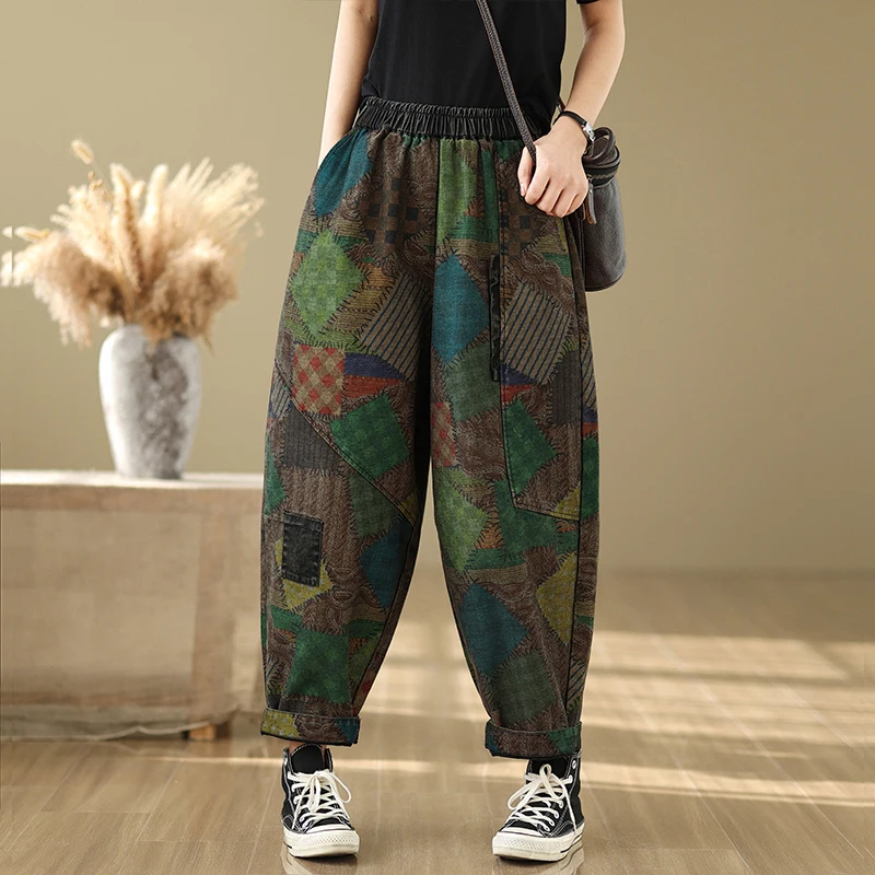 Celana Jeans Kasual Wanita Ukuran Besar Model Longgar, Pinggang Tinggi Elastis, Motif Blok Warna Retro Waed, Model Harlan Dad Pants, Efek Langsing