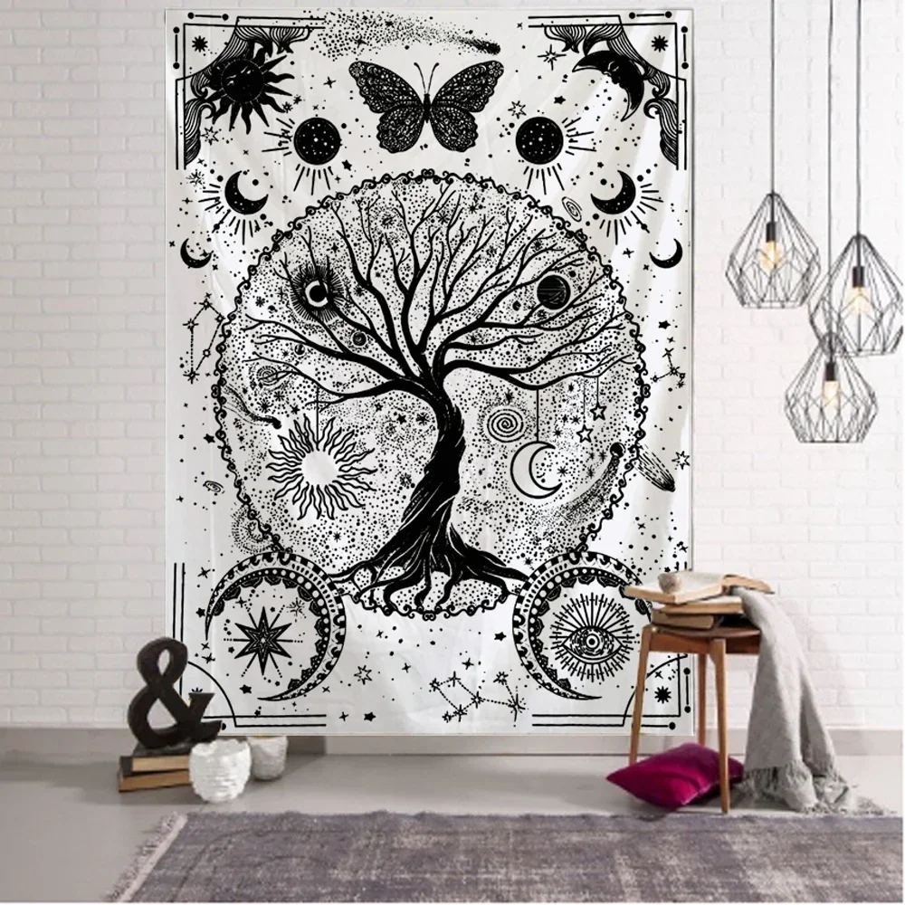 Linden Tapestry Art Blanket Curtain Hanging Tree of Life Moon and Sun Home Bedroom Living Room Decorations Mysterious Bohemia