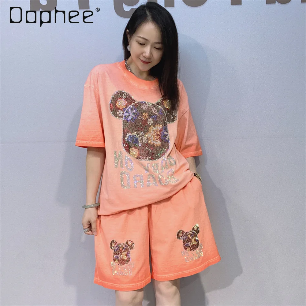 

Women's Summer New Gradient Color Short Sleeve t-shirt Shorts Casual Suit Hot Diamond T-shirt Two-piece Set