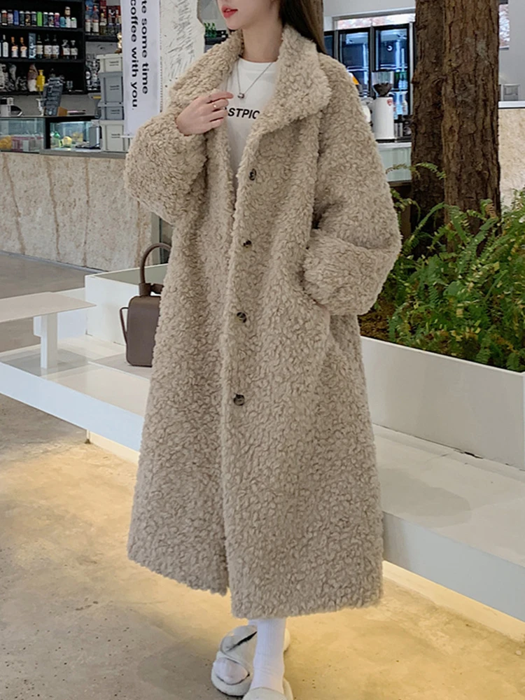 LANMREM Winter Lamb Fur Long Warm Coat For Women Stand Collar Solid Color Single Breasted Loose Fit Clothing 2024 New 2VV234