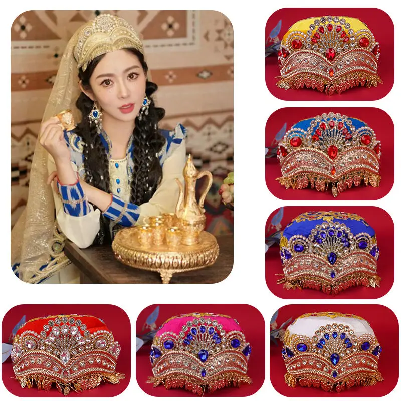 Xinjiang Dance Crown Handmade with Diamond Hat and Ethnic Style Square Dancer Adult Performance Costume Stage Costume