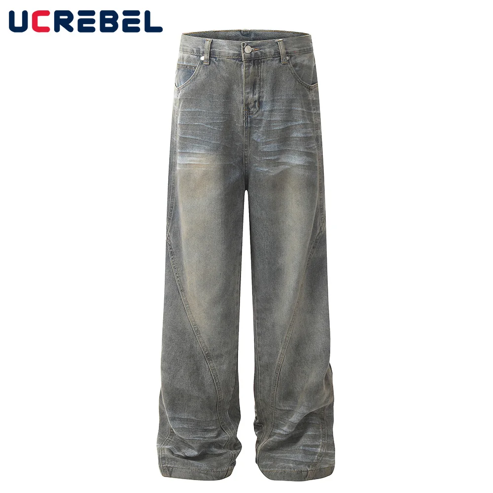 

Spliced Dirty Wash Jeans Mens Washed Distressed High Street Loose Wide Leg Straight Denim Pants Men Trousers