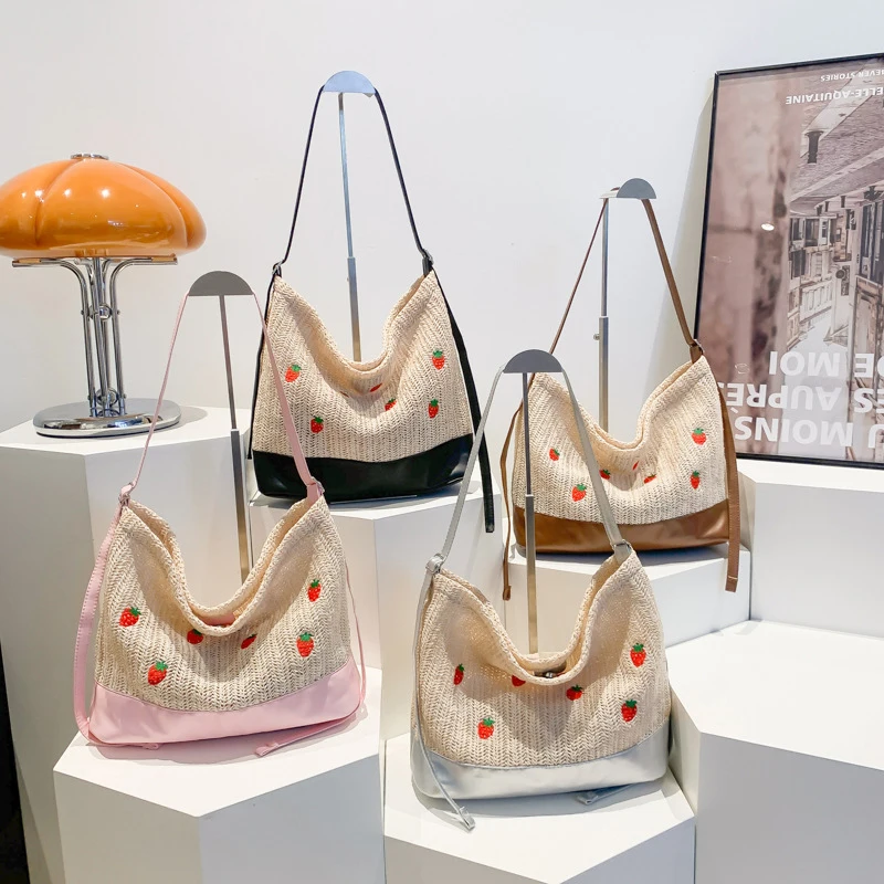 

Chic Woven Bucket Bag with Korean Strawberry Pattern, Straw Tote Bag, Adorable Crossbody Shoulder Bag for Women Gifts