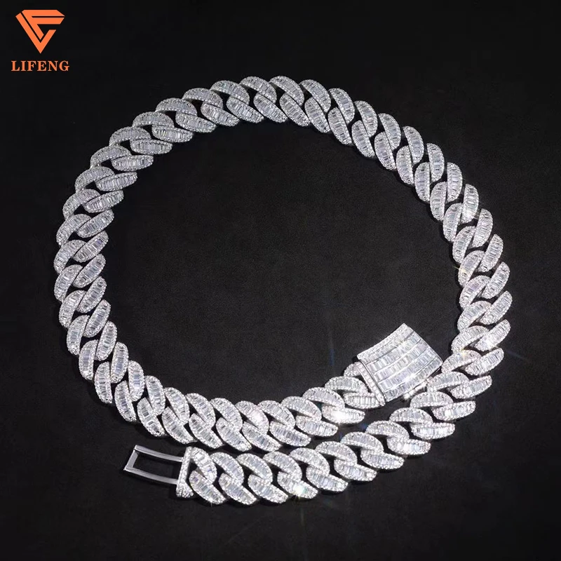 

New Arrival Fashion Jewelry White Gold Plated S925 Iced Out 20mm VVS Moissanite Baguette Diamonds Hip Hop Cuban Chain Necklace