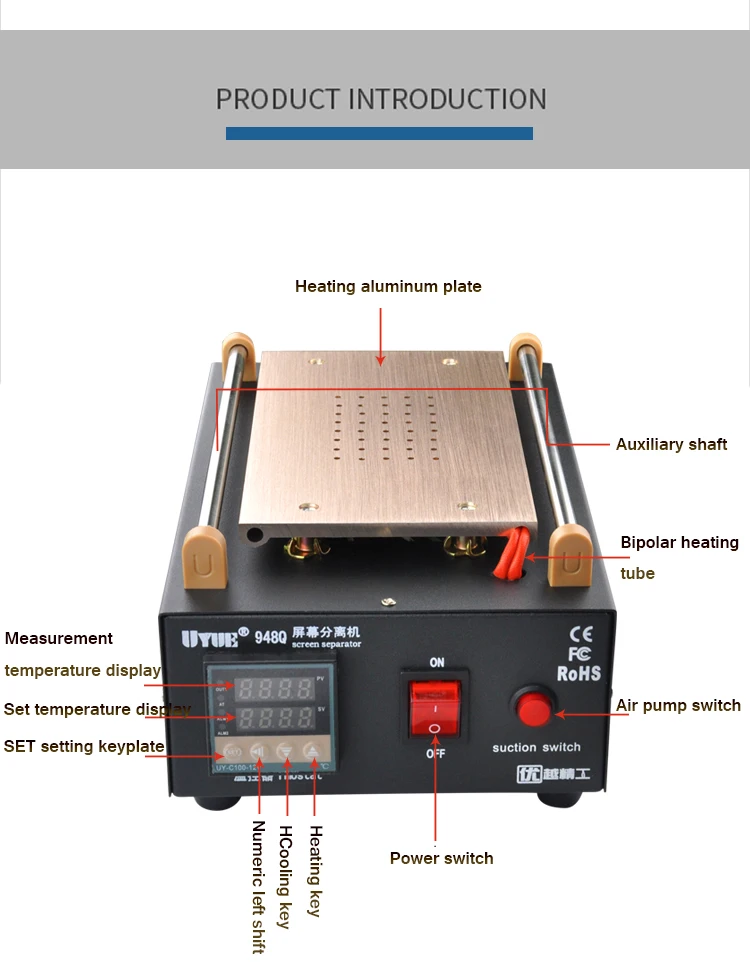 UYUE 948Q Built-in Pump Vacuum Metal Body Glass LCD Screen Separator Machine Max 7 inches + Cutting Wire 100M With silicone mat