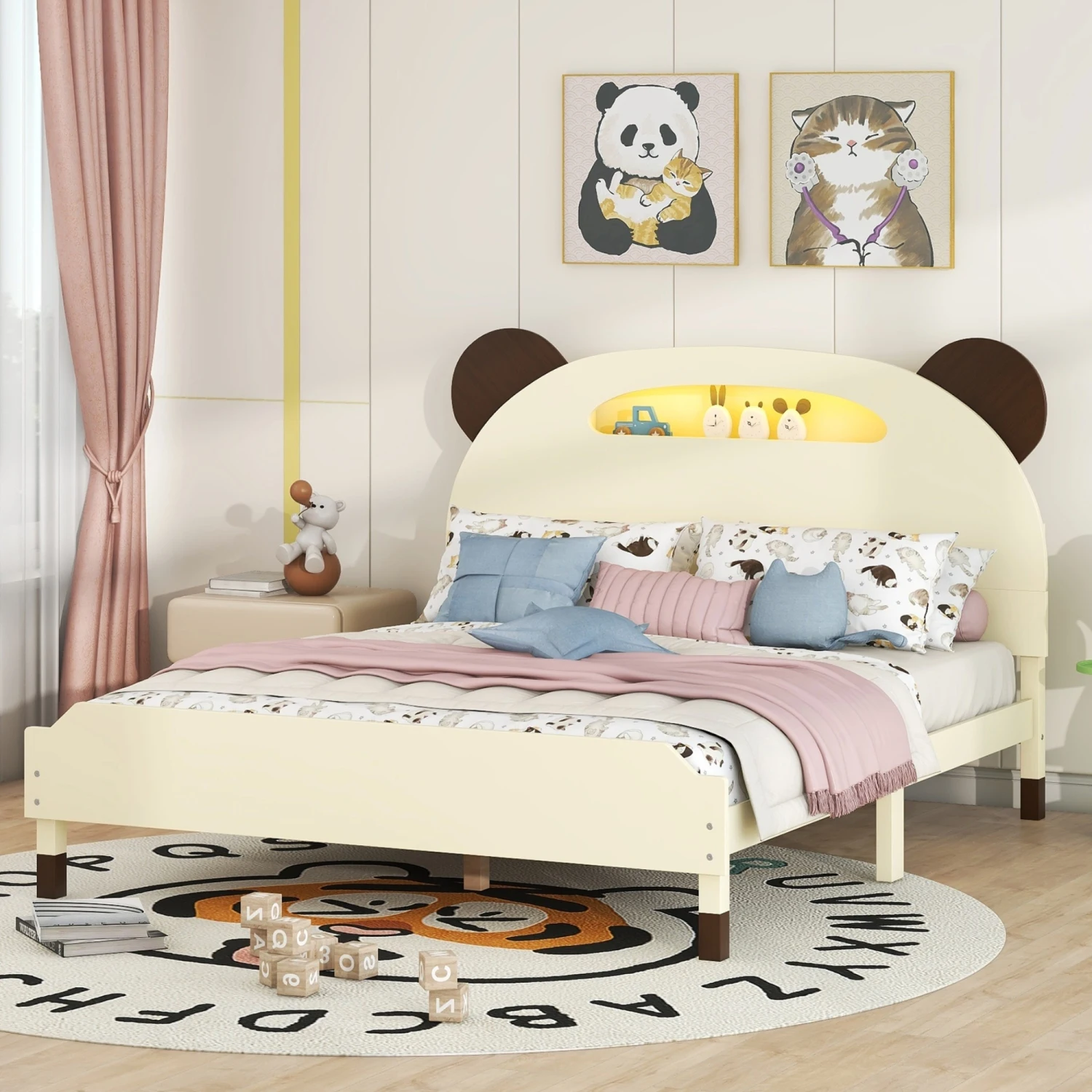 

Full Size Wood Platform Bed with Bear-shaped Headboard,Bed with Motion Activated Night Lights,Cream+Walnut