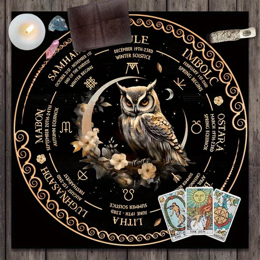 1pc Polyester Tarot Tablecloth, Astrology Wheel & Owl Design, Black Boho Witchcraft Dorm Decor, Sun Moon Symbols