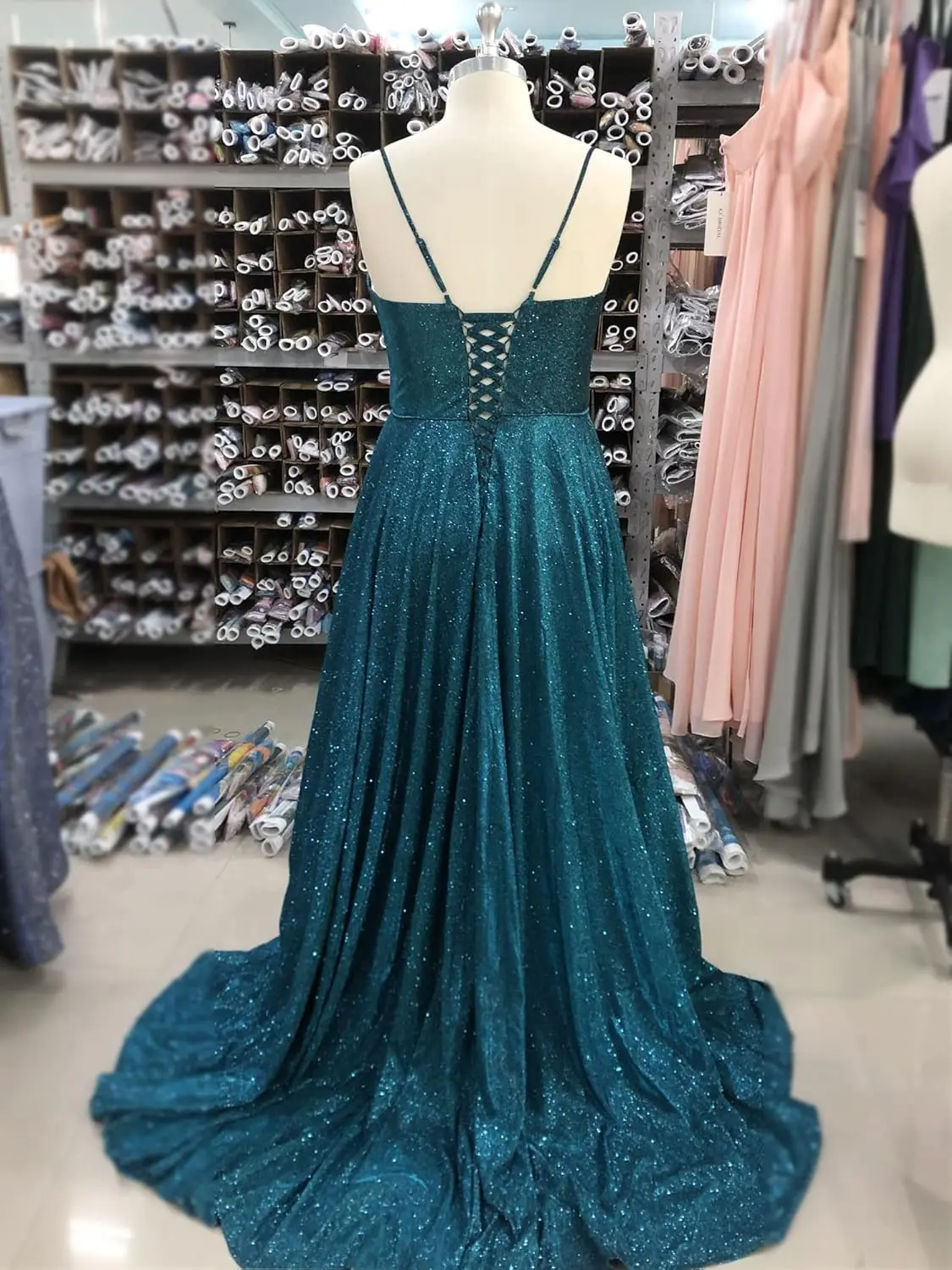 プロムドレス ロング Aライン ポケット付き Vネック フォーマルイブニングボールガウン サイドスリット グリッターパーティードレス イブニングガウン