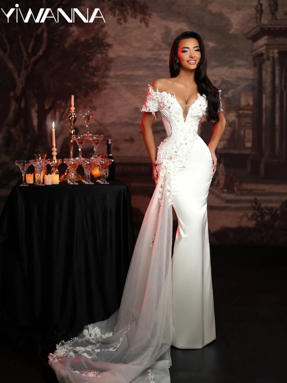 

Shimmering Pearls Crystal Long Wedding Dress Elegant Satin Off Shoulder Bridal Gown New Customized Dreamy Dresses For Bride