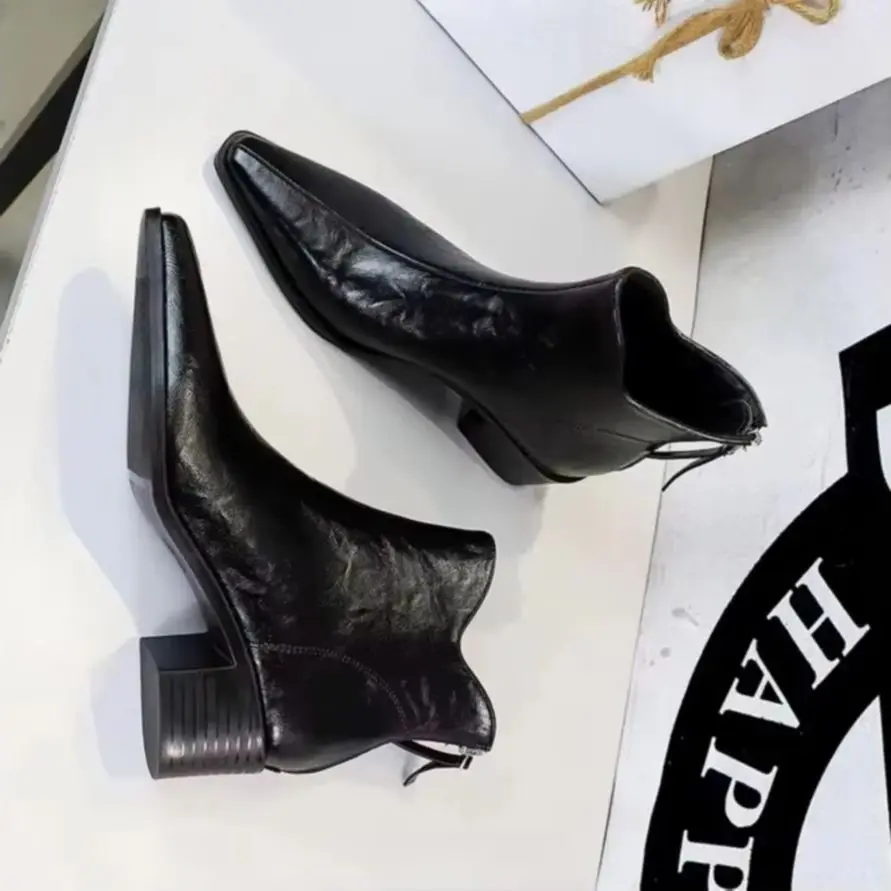 

BIGTREE Fashion Design Vintage Scratch Print Middle Heel Pointed Toe Women Ankle Chelsea Boots High Quality Thick Heels Boots