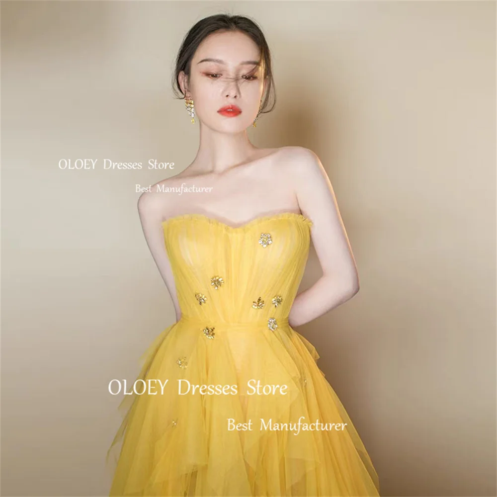 OLOEY Elegant Yellow Prom Dress Wedding Photoshoot Customized Sweetheart Beading Crystal Ruffles Silky Tulle Party Evening Dress