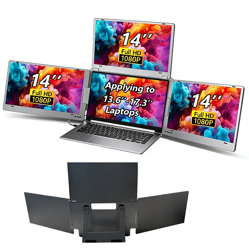 14 Triple Screen Laptop Monitor Portable 3 Display Split Screen Adapter Tri-screen Monitor for Stock Trading/Office/Edit/Video