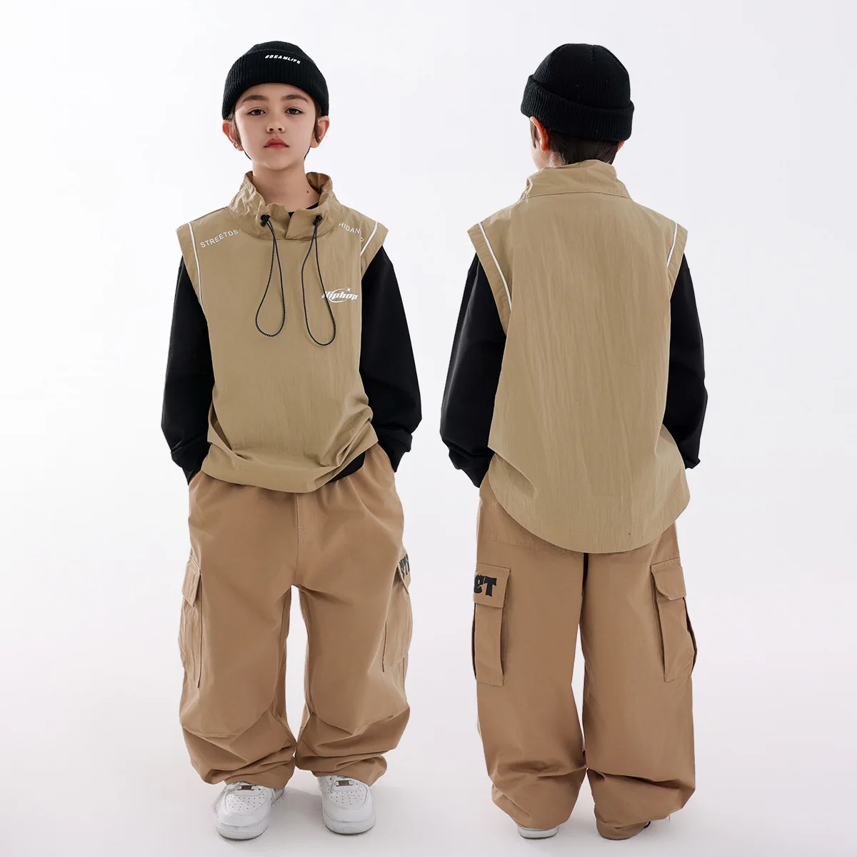 

2025 Kids Hip Hop Clothing Boys Breaking Street Dance Costume Khaki Vest Pants Girls Concert Stage Performance Clothes BL14872