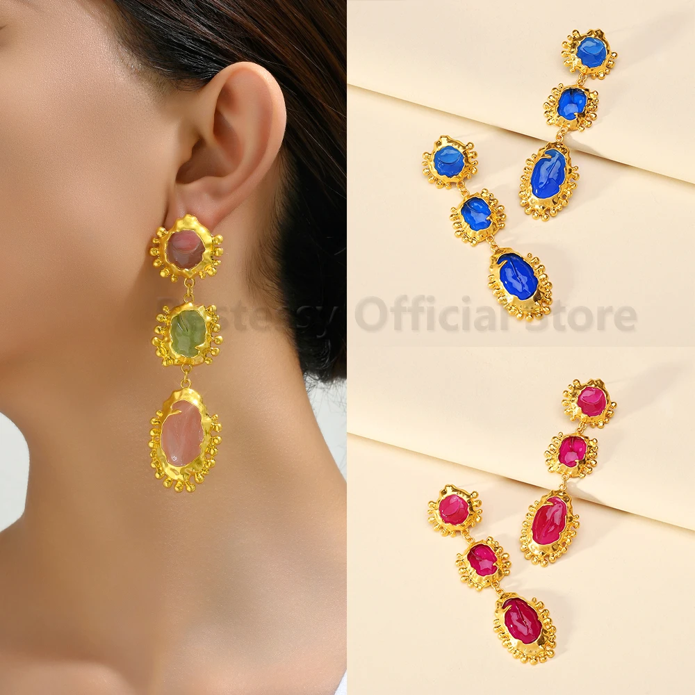 Vintage Statement Metal Multilayer Design Resin Drop Earrings For Women Luxury Trend Hot Jewelry Holiday Ear Pendant Accessories