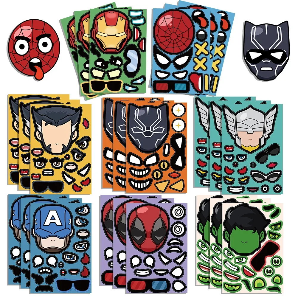 Autocollants de puzzle Disney pour enfants, faites votre propre jeu, faire un visage, Marvel, Spiderman, Avengers, jouet éducatif, bricolage, 8