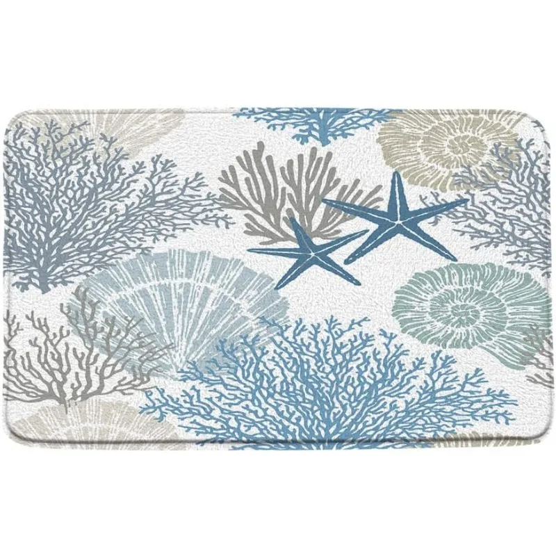 Nautical Coastal Bath Rug Starfish Seashell Coral Beach Ocean Themed Bathroom Kitchen Flannel Non-Slip Mat Indoor Decor Carpet