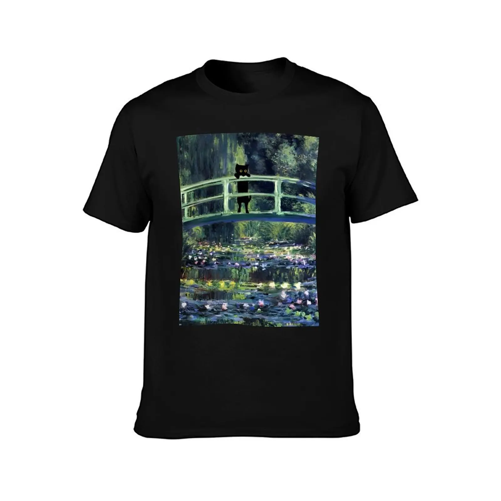 Waterlilies and Japanese Footbridge Monet Cat T-Shirt, Summer Casual Cotton Tee, Oversized Streetwear Tops, Unisex Men Women