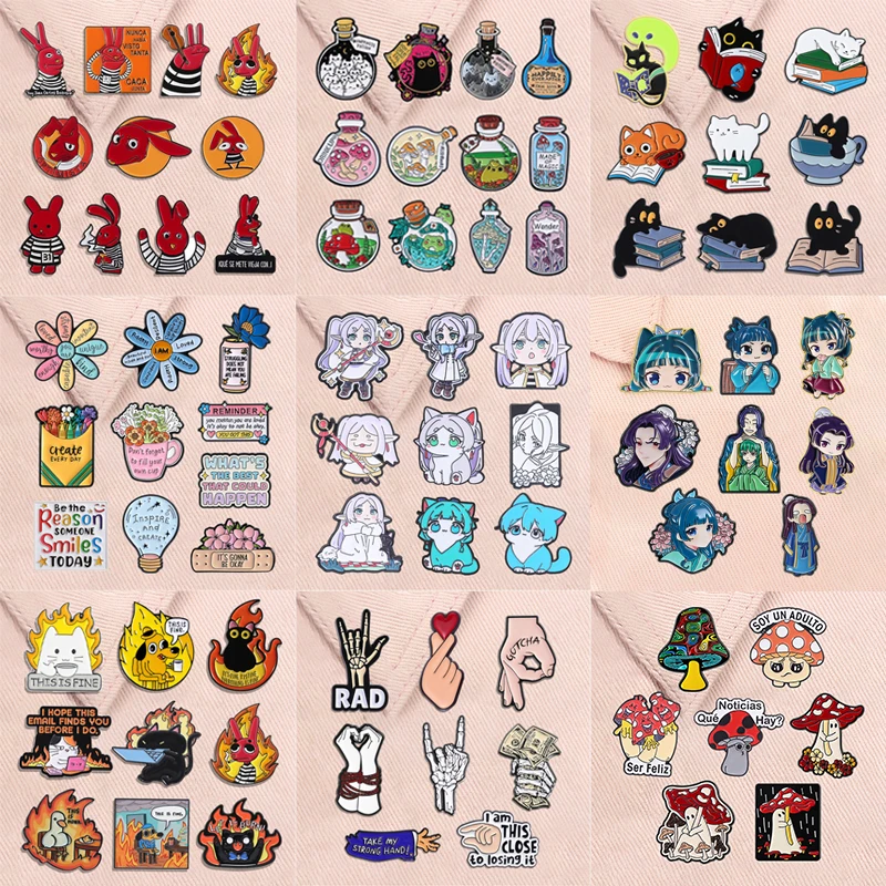 5-12pcs/set Cartoon Anime Characters Enamel Pins Magic Bottle Red Eared Rabbit Book Black Cat Brooches Lapel Badge Jewelry Gifts