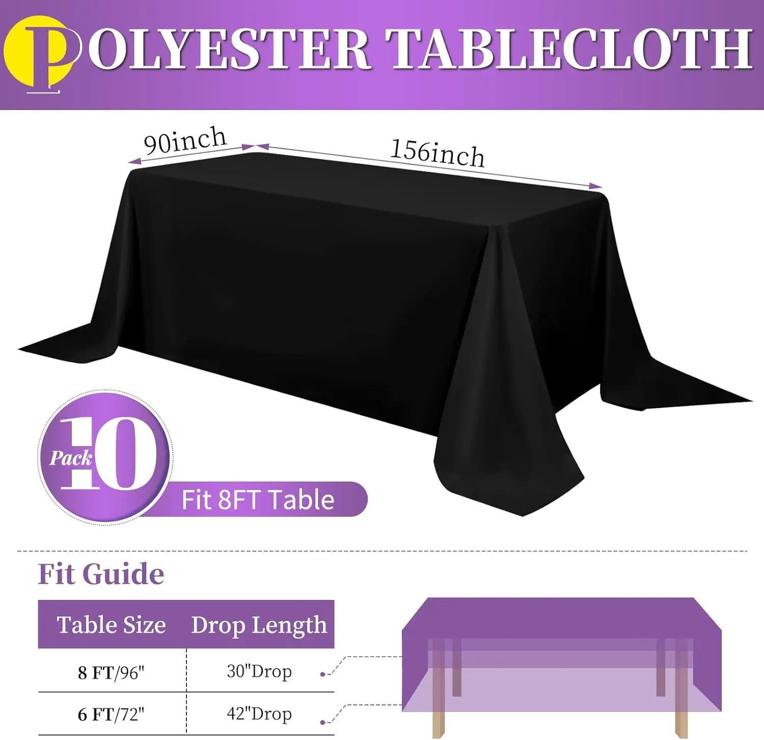 10 Packs Black Polyester Tablecloth 90 x 156 inch Rectangle Table Cloth for 8 Foot Tables Wrinkle Resistant Washable Fabric