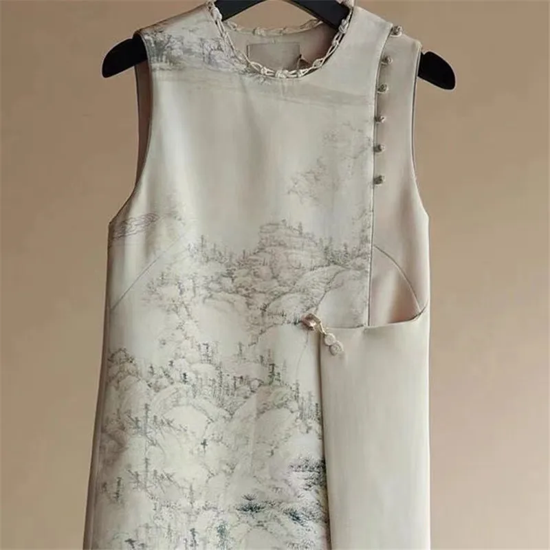 Fashion Chinese Style Printed Vest Dress Women O-Neck Sleeveless Dresses Woven Design Irregular Patchwork Vestidos Autumn 3558